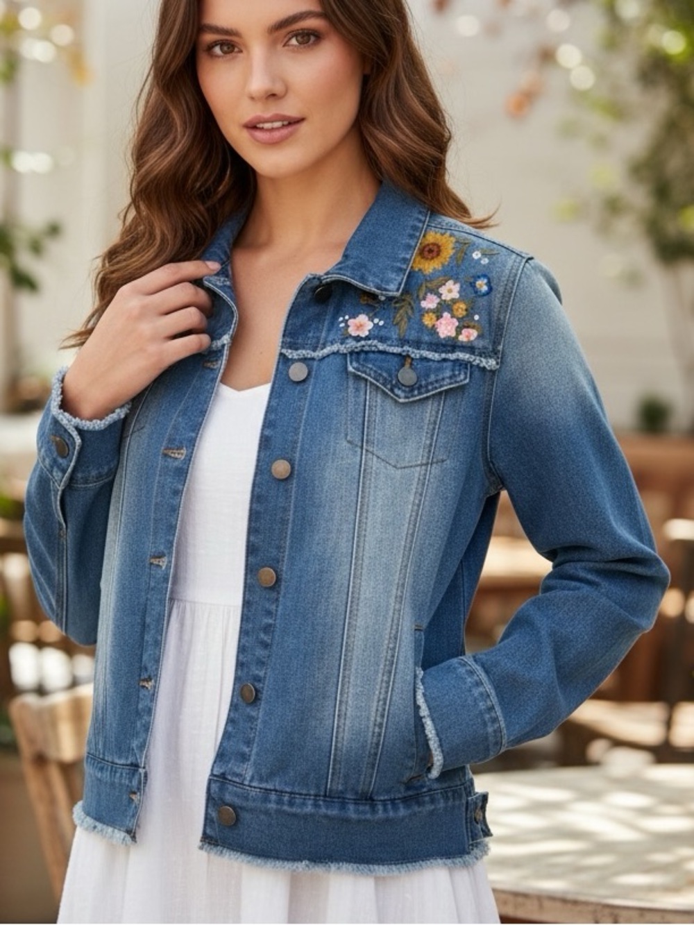 Linda Anderson NWT Floral Embroidered Denim Jean Jacket Blue Small Cottagecore